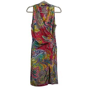Lauren Ralph Lauren Colorful Paisley Floral Dress Size 8 Ruched V Neck Stretch